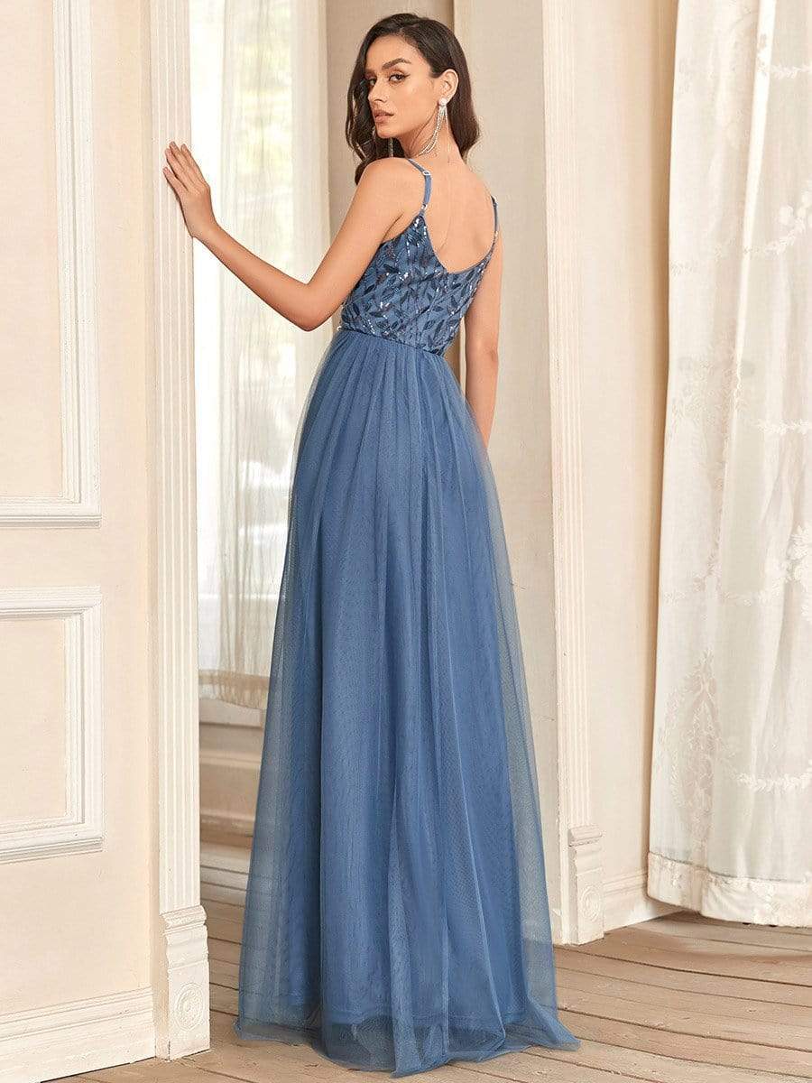 V Neck Spaghetti Strap Embroidered Floor Length Tulle Evening Dress