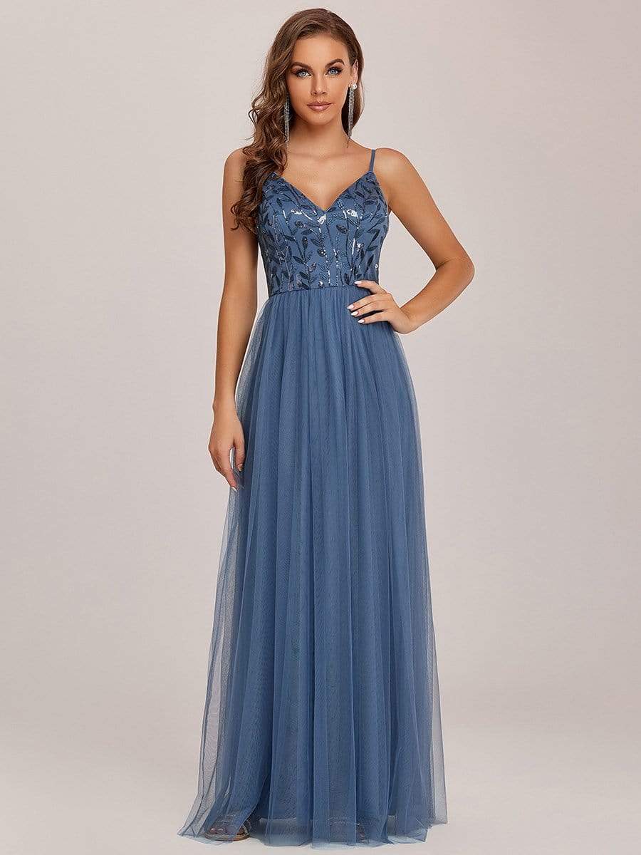 V Neck Spaghetti Strap Embroidered Floor Length Tulle Evening Dress