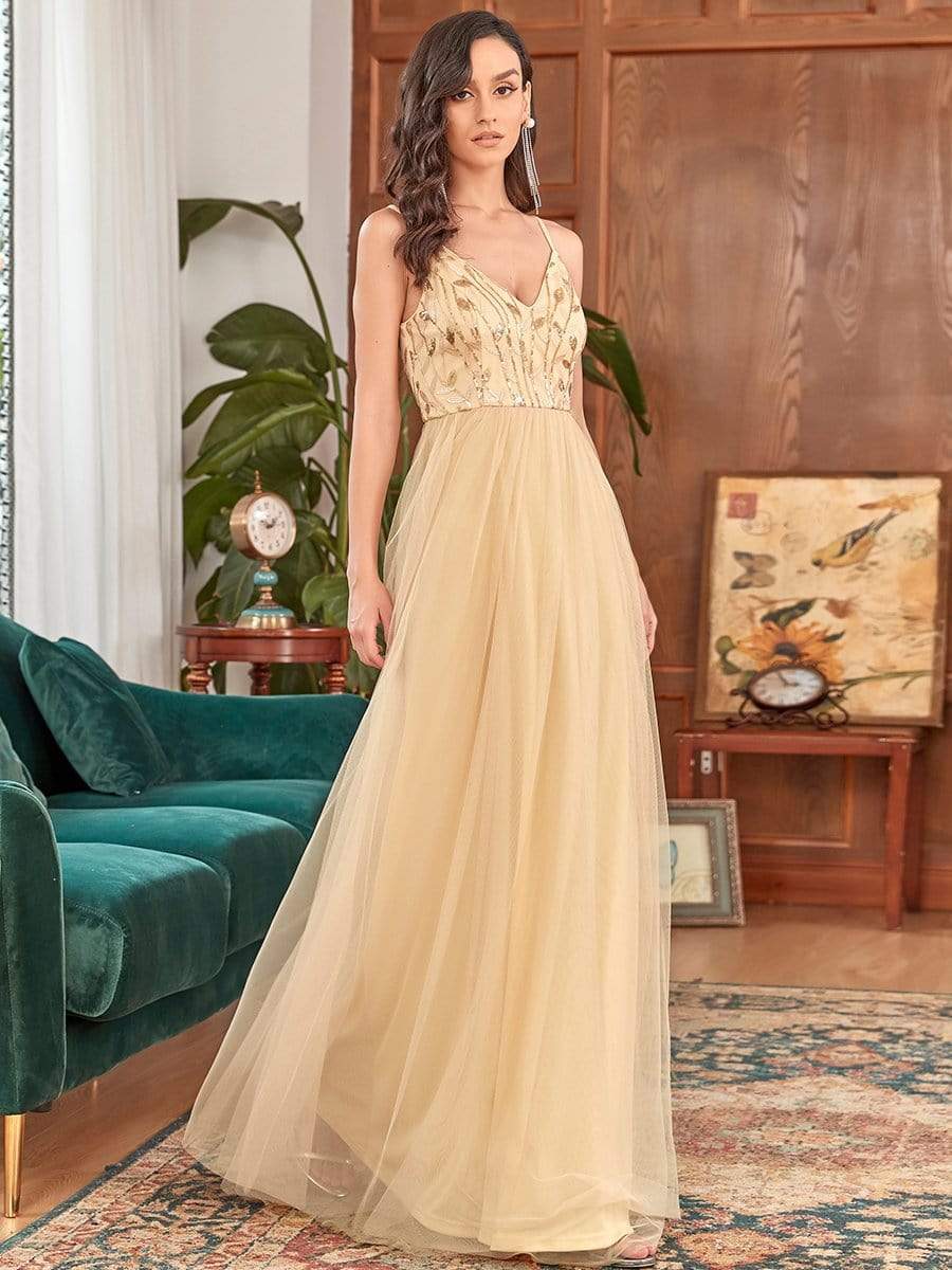 V Neck Spaghetti Strap Embroidered Maxi Tulle Wedding Guest Dress