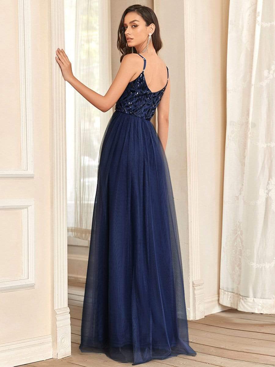 Custom Size V Neck Spaghetti Strap Embroidered Floor Length Tulle Evening Dress