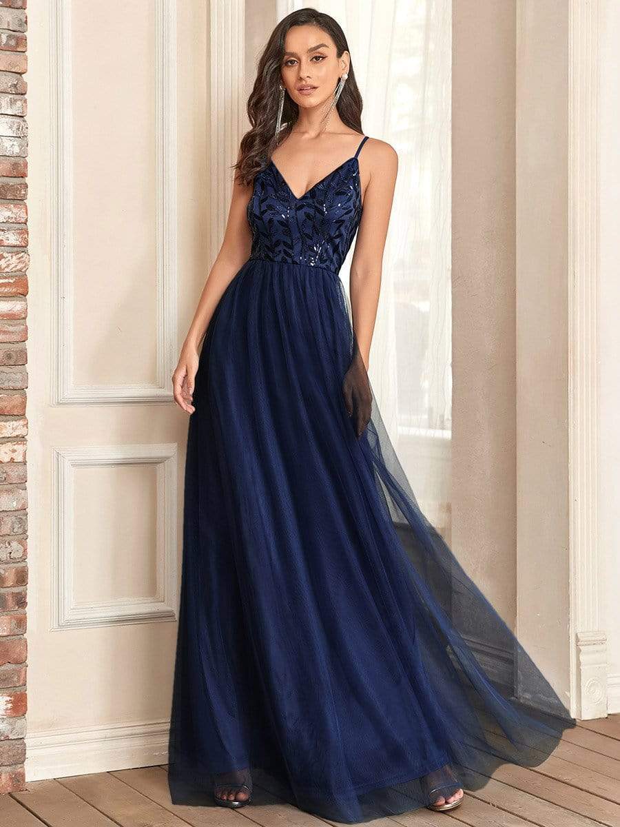 V Neck Spaghetti Strap Embroidered Floor Length Tulle Evening Dress