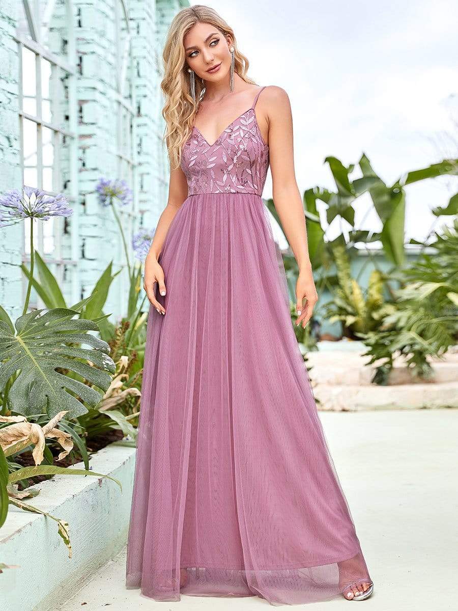 V Neck Spaghetti Strap Embroidered Floor Length Tulle Evening Dress