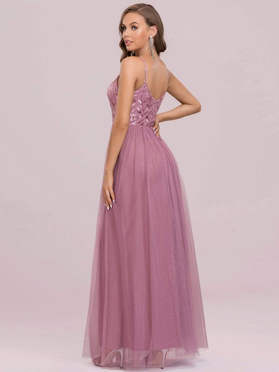 V Neck Spaghetti Strap Embroidered Floor Length Tulle Evening Dress