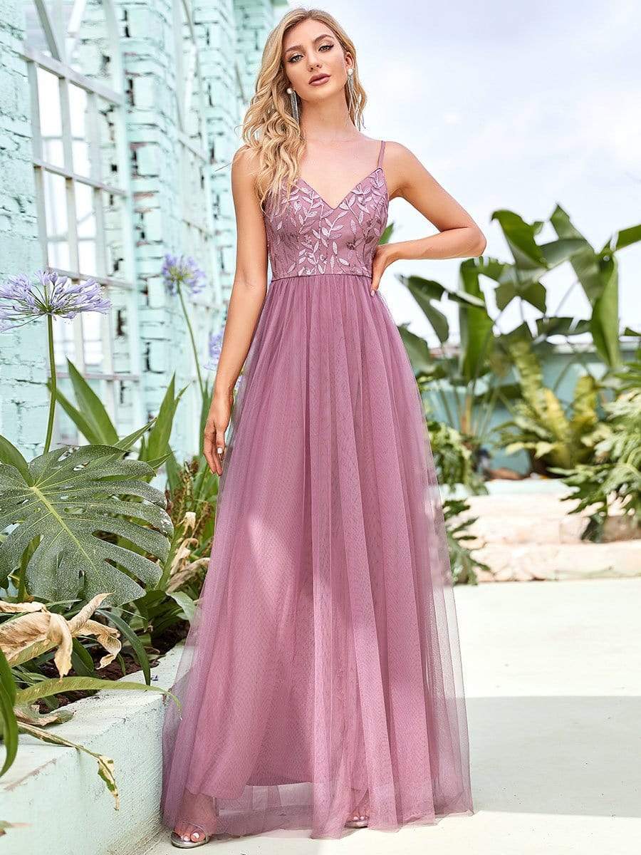 Custom Size V Neck Spaghetti Strap Embroidered Floor Length Tulle Evening Dress