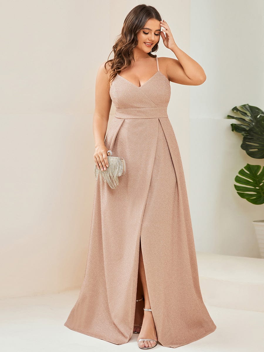 Plus Size Vintage V-neck Spaghetti Straps Glitter Maxi Evening Dress