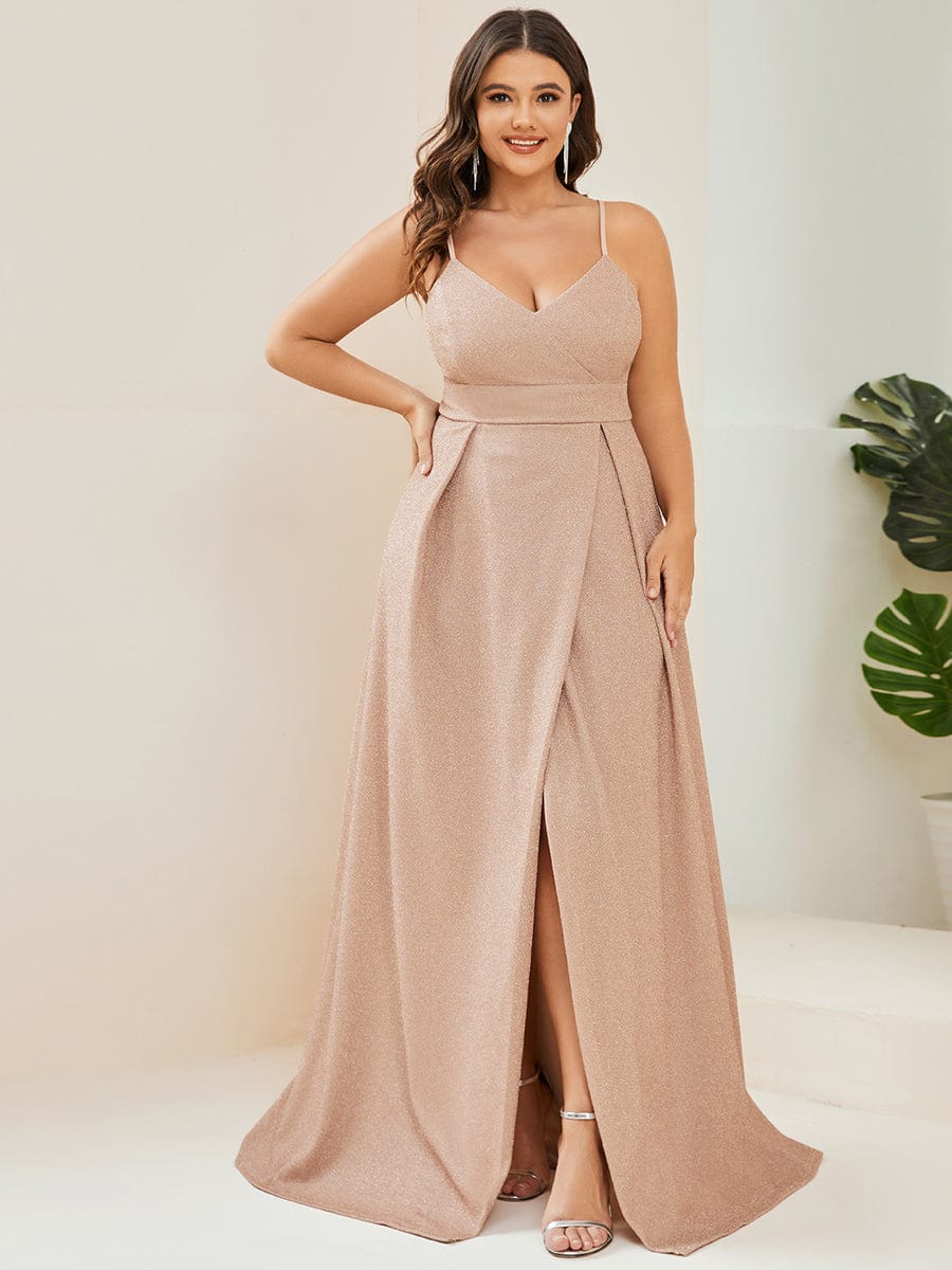 Plus Size Vintage V-neck Spaghetti Straps Glitter Maxi Evening Dress