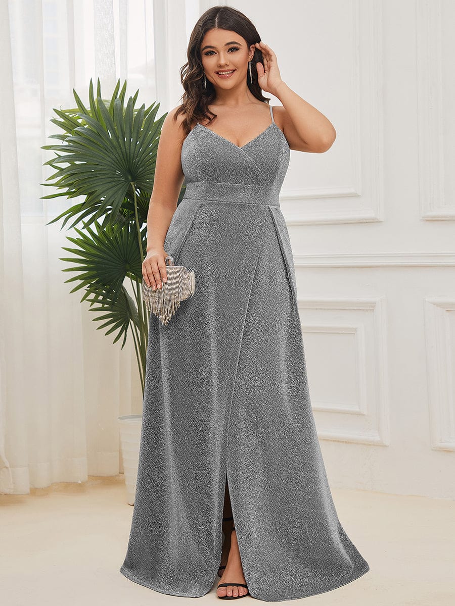 Plus Size Vintage V-neck Spaghetti Straps Glitter Maxi Evening Dress