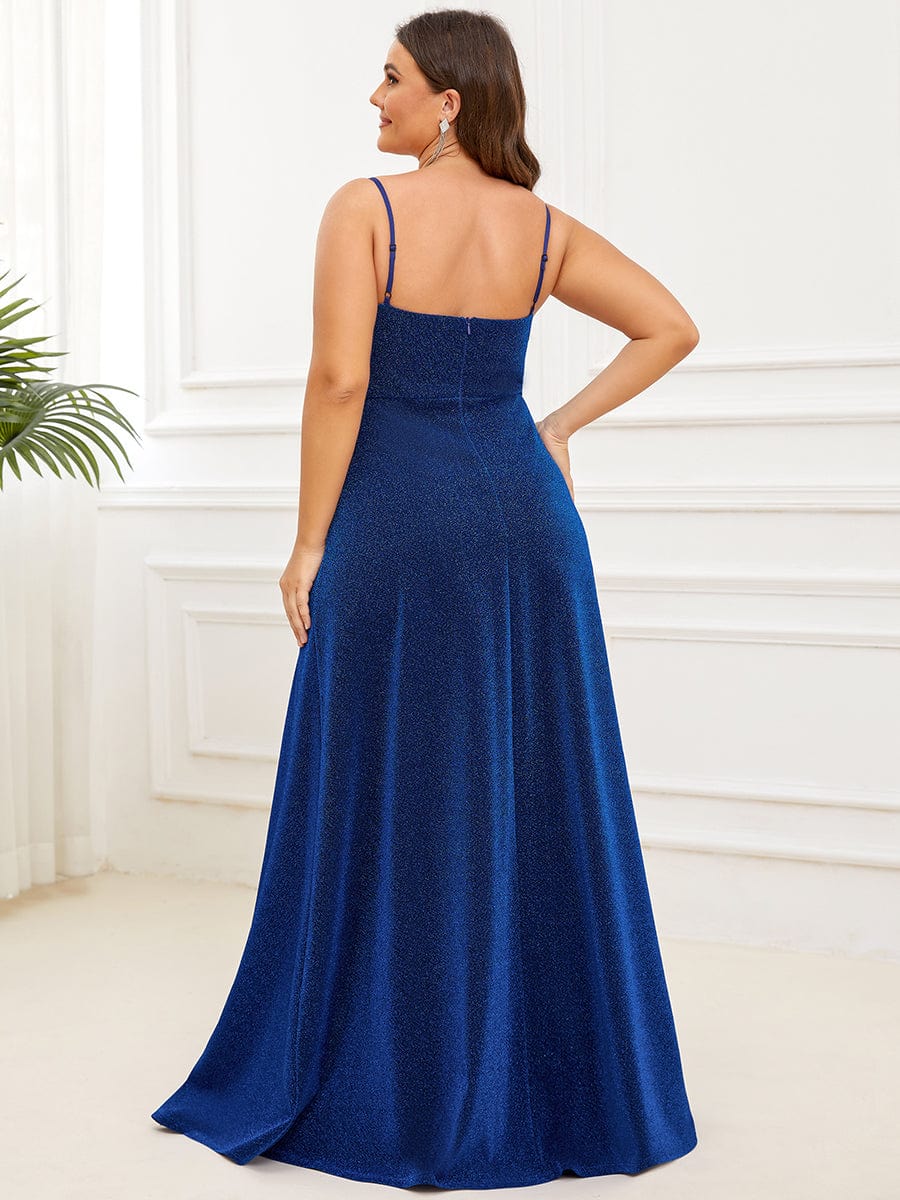 Plus Size Vintage V-neck Spaghetti Straps Glitter Maxi Evening Dress