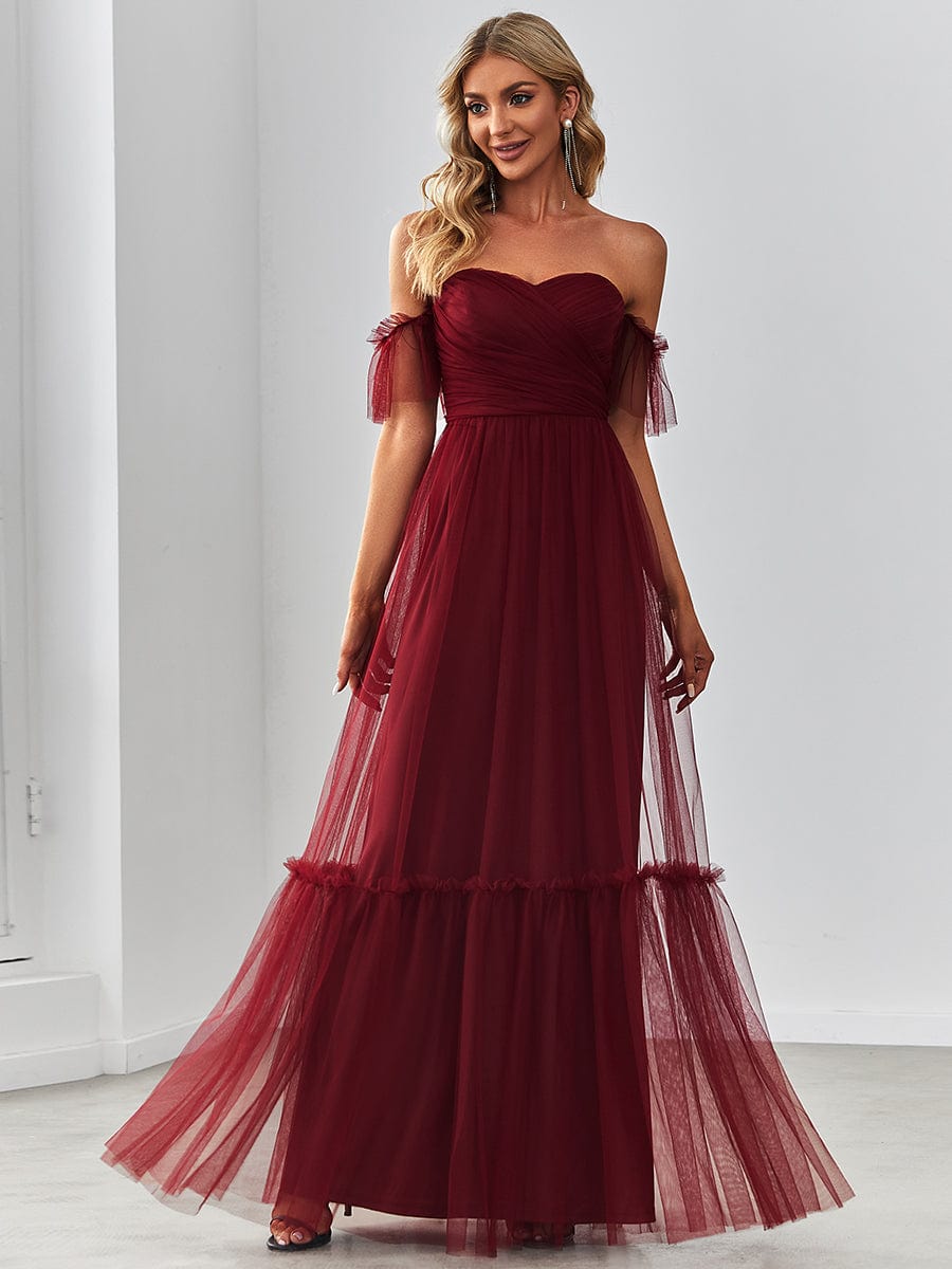 Off the Shoulder Sweetheart Pleated Tulle Evening Dress