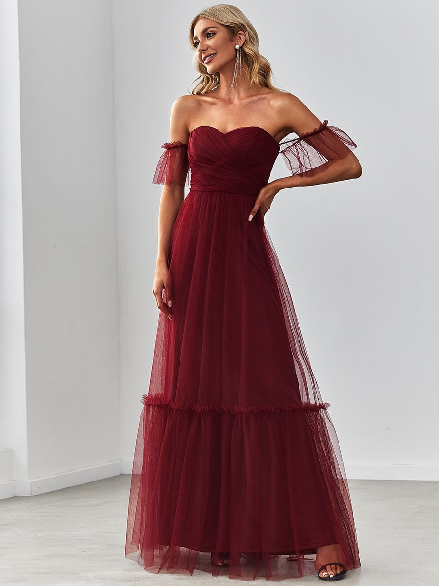 Off the Shoulder Sweetheart Pleated Tulle Evening Dress