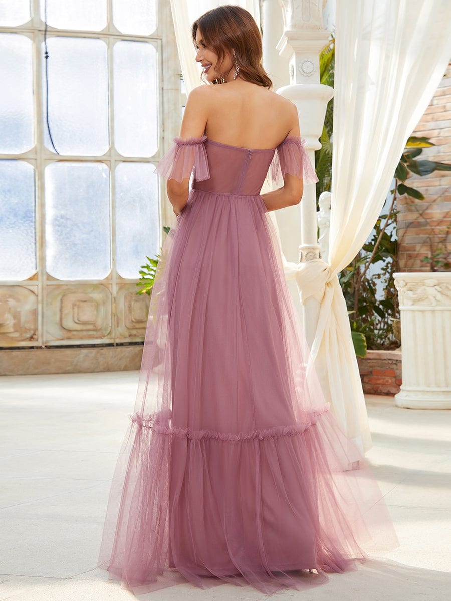 Off the Shoulder Sweetheart Pleated Tulle Evening Dress