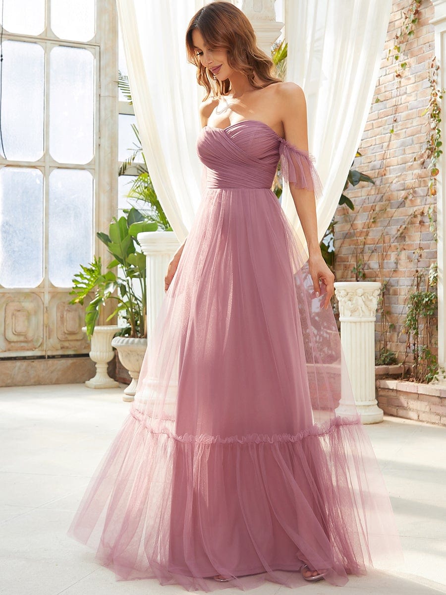 Off the Shoulder Sweetheart Pleated Tulle Evening Dress