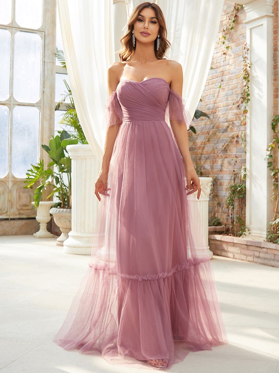 Custom Size Off the Shoulder Sweetheart Pleated Tulle Evening Dress