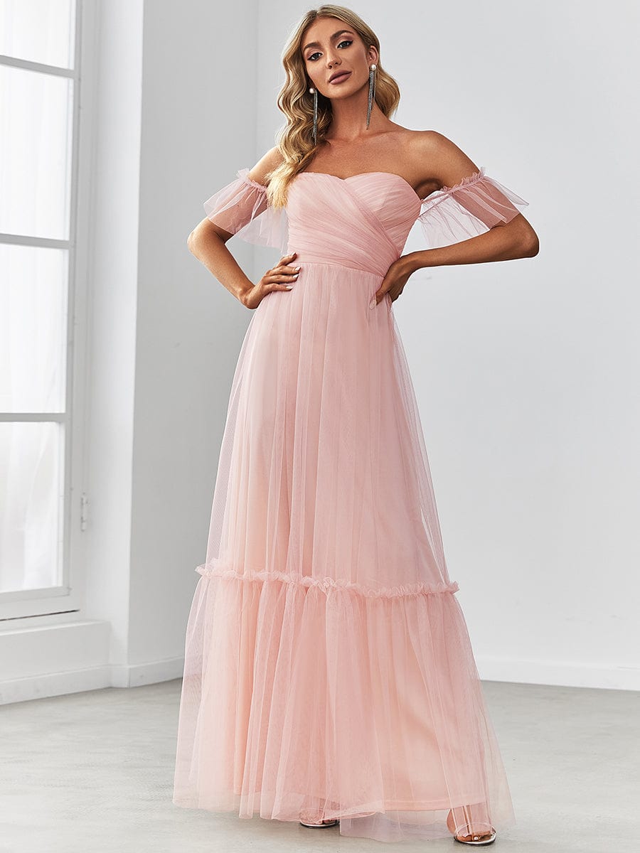 Custom Size Off the Shoulder Sweetheart Pleated Tulle Evening Dress