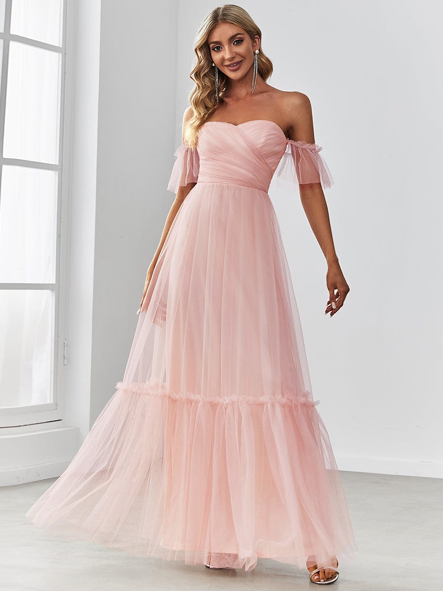 Off the Shoulder Sweetheart Pleated Tulle Evening Dress