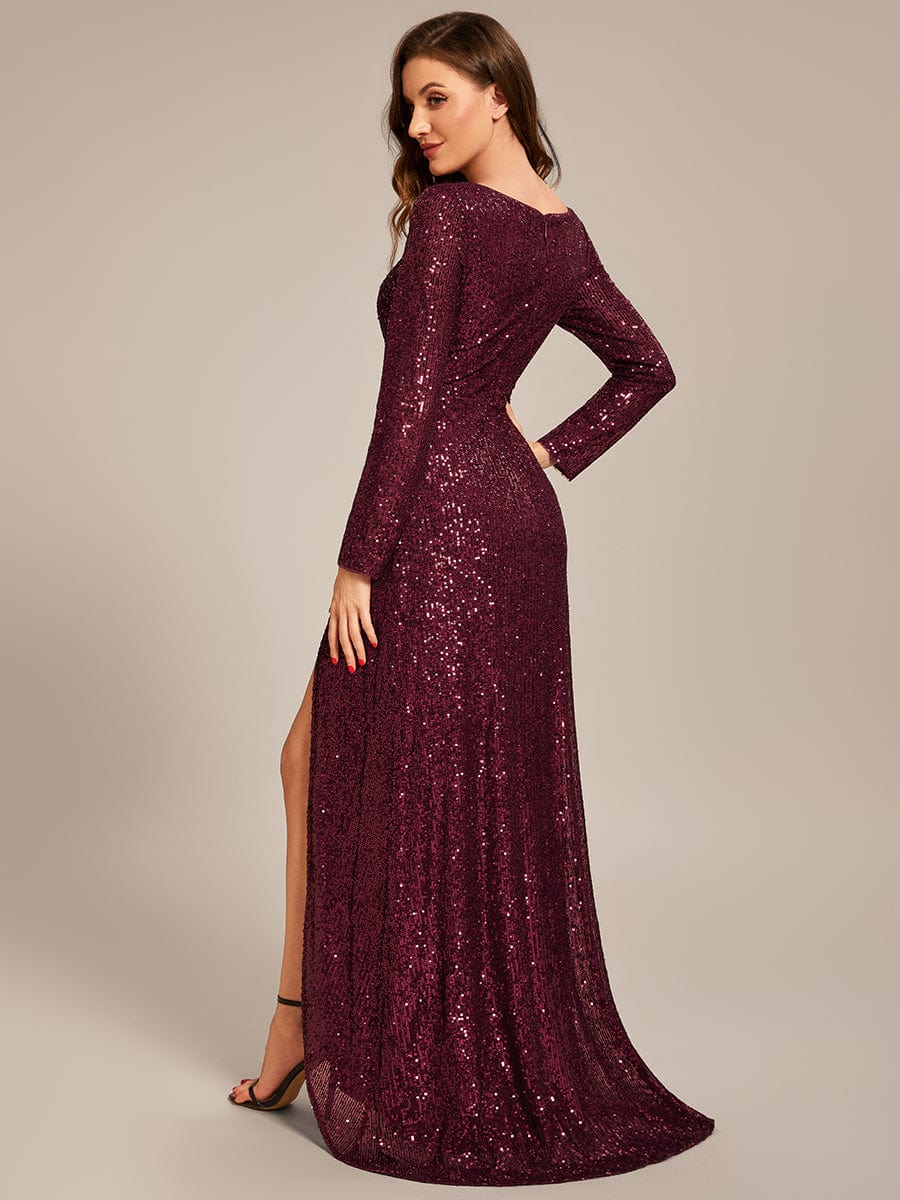 Long Sleeve V-neck Asymmetrical Hem Sequin Evening Dress