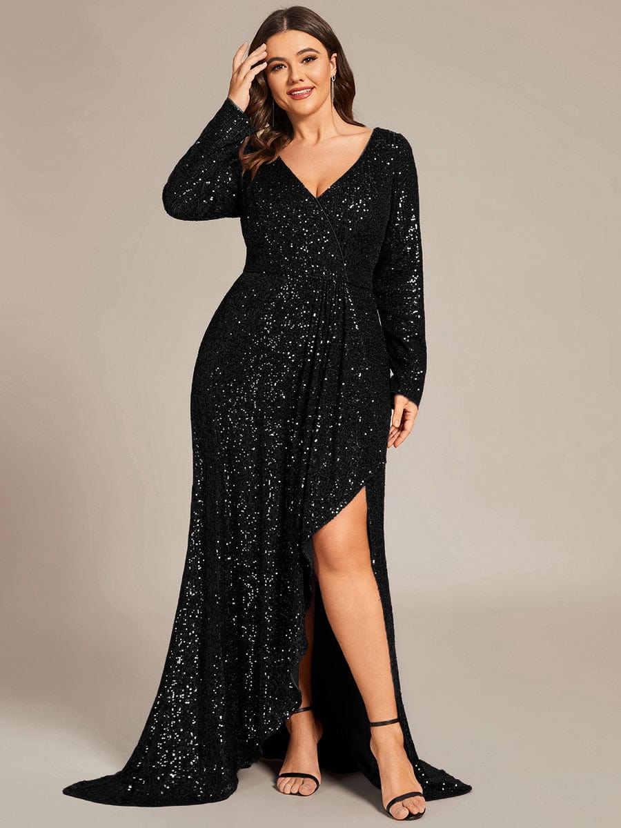 Plus Size Sequin V-neck Long Sleeve Evening Dress