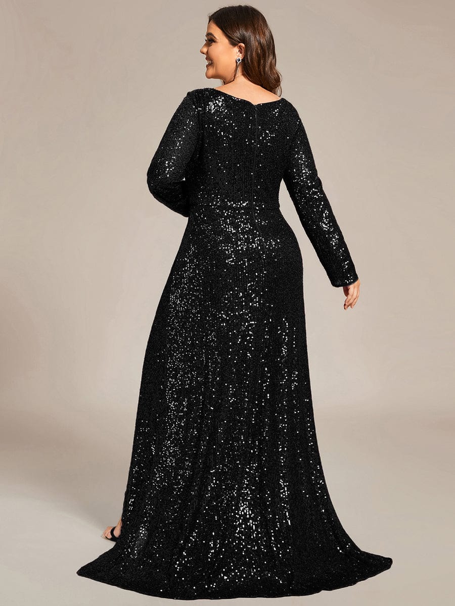 Long Sleeve V-neck Asymmetrical Hem Sequin Evening Dress