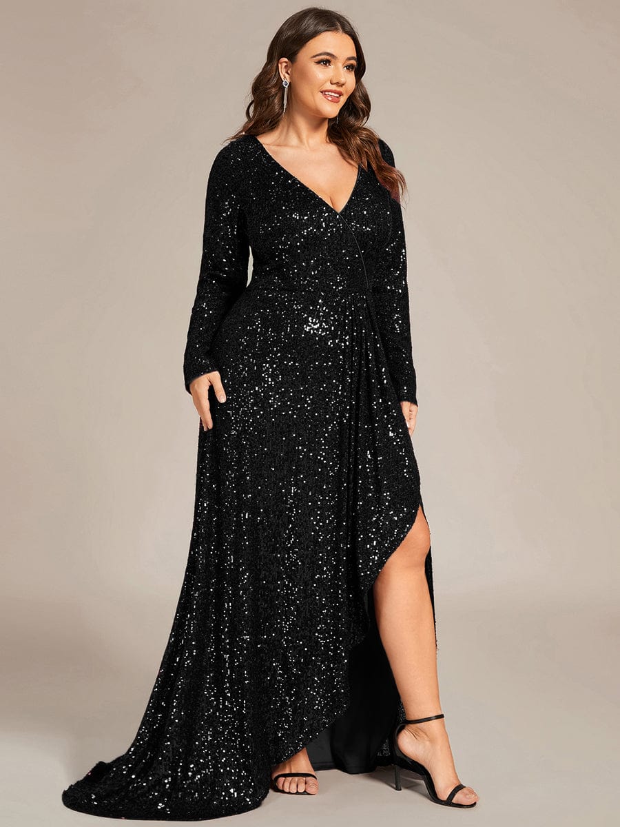 Plus Size Sequin V-neck Long Sleeve Evening Dress