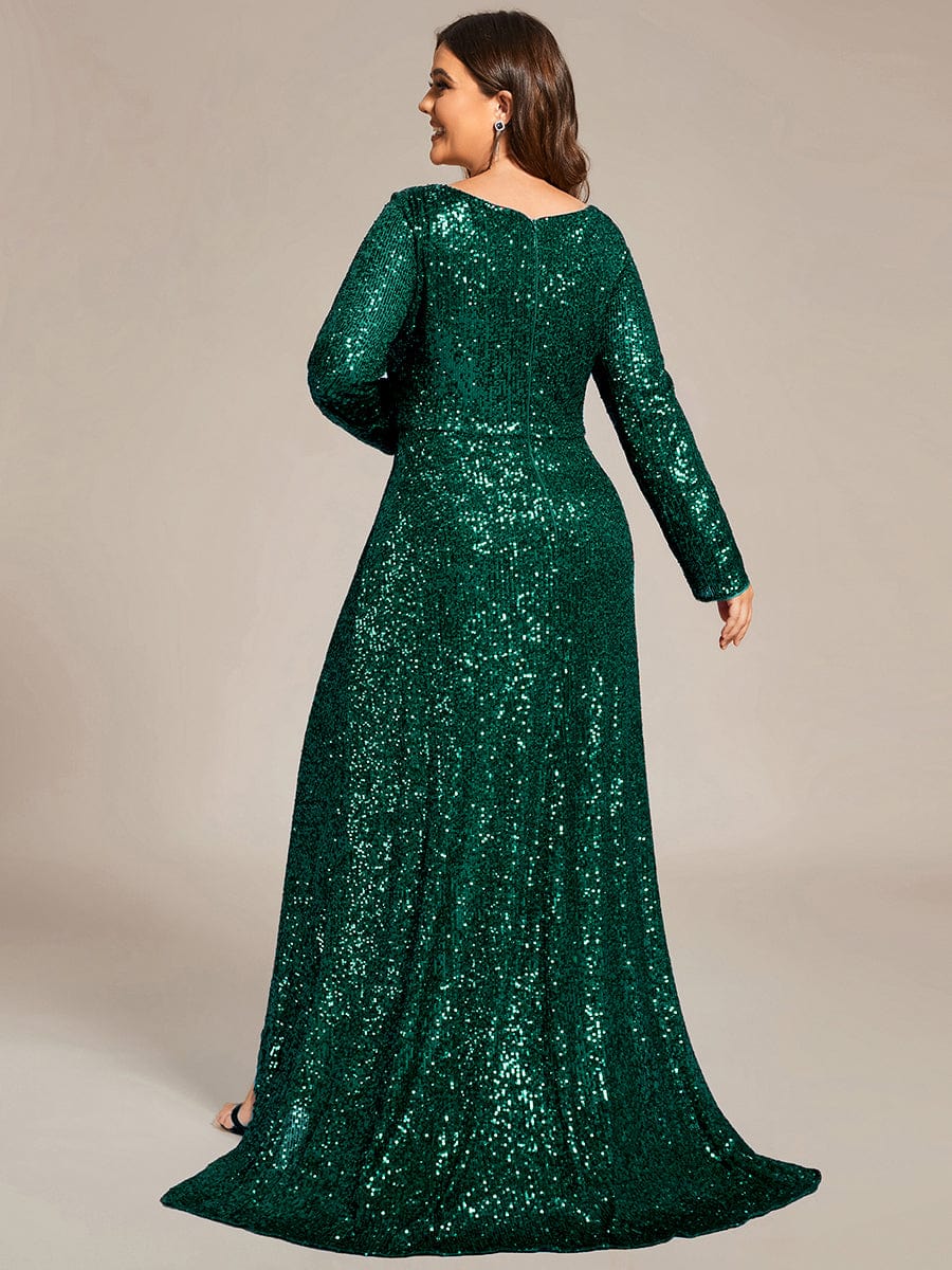 Plus Size Sequin V-neck Long Sleeve Evening Dress