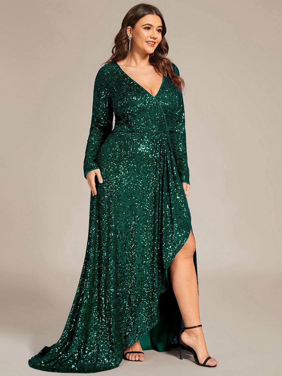 Plus Size Sequin V-neck Long Sleeve Evening Dress