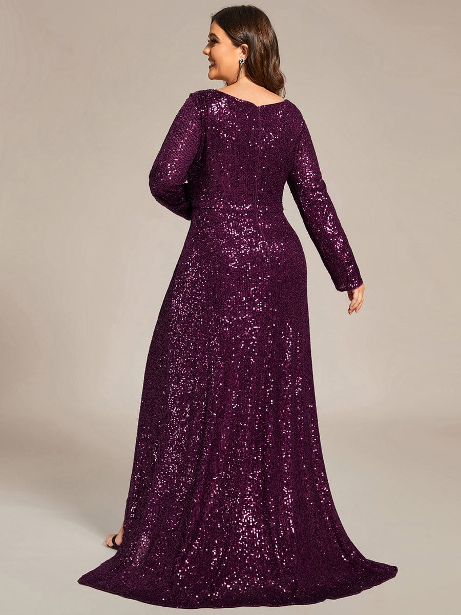 Plus Size Sequin V-neck Long Sleeve Evening Dress