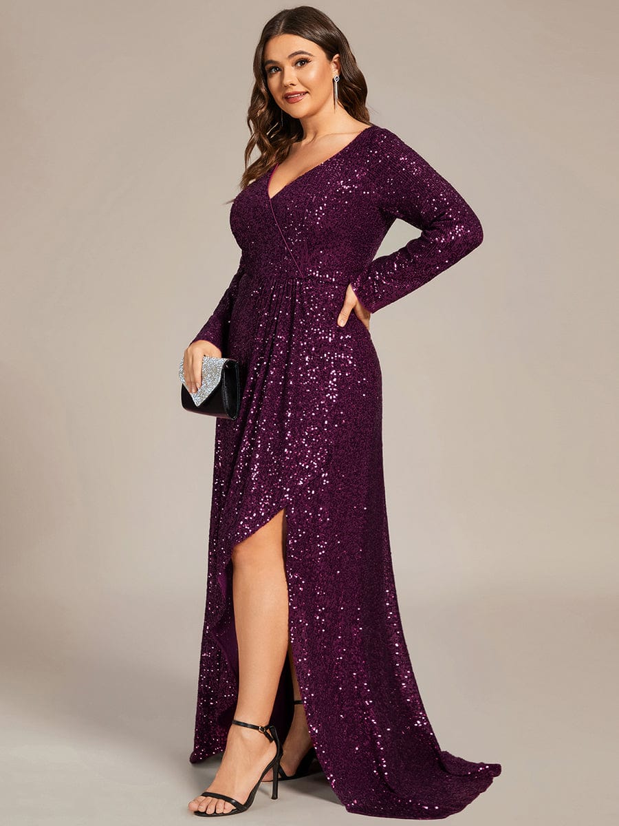 Plus Size Sequin V-neck Long Sleeve Evening Dress