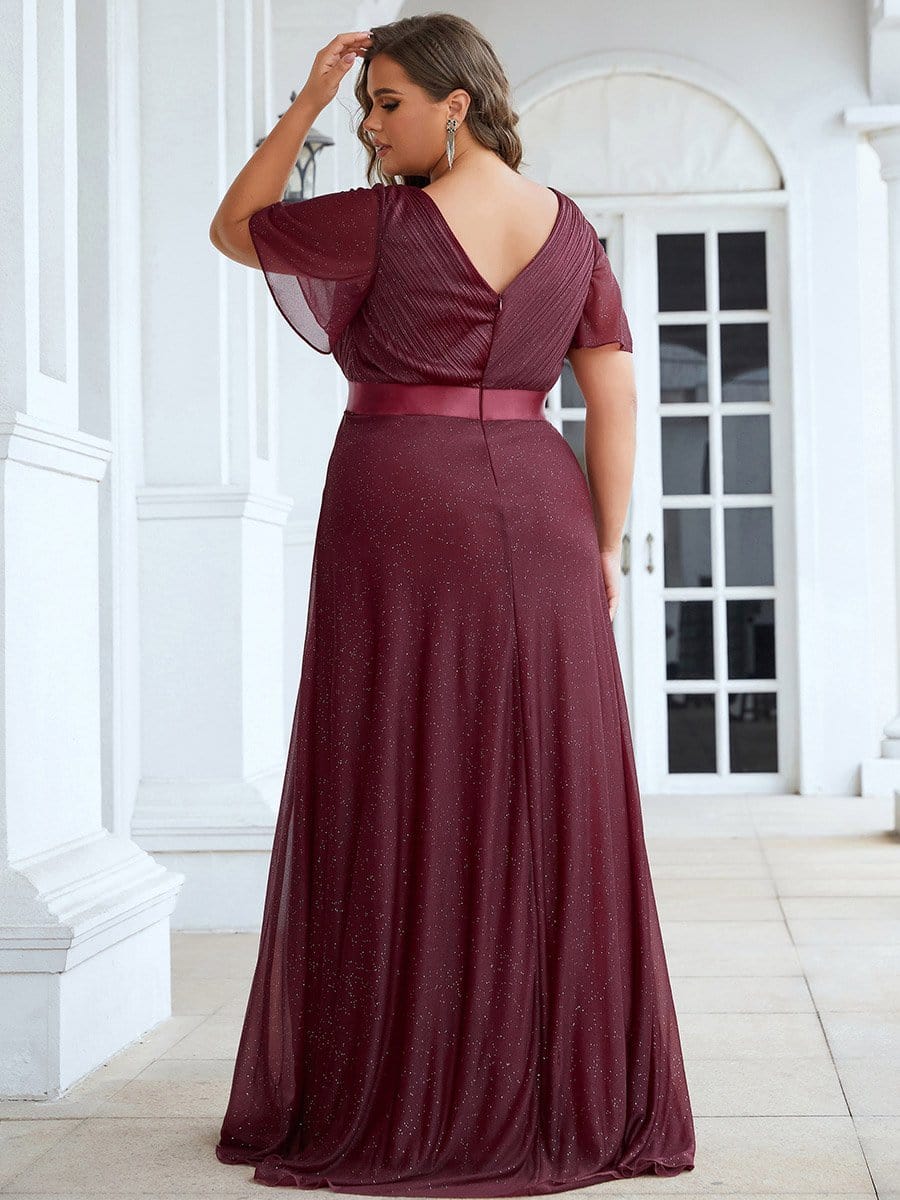 Long Shimmery Flutter Sleeve Pleated V-Neck Evening Dress