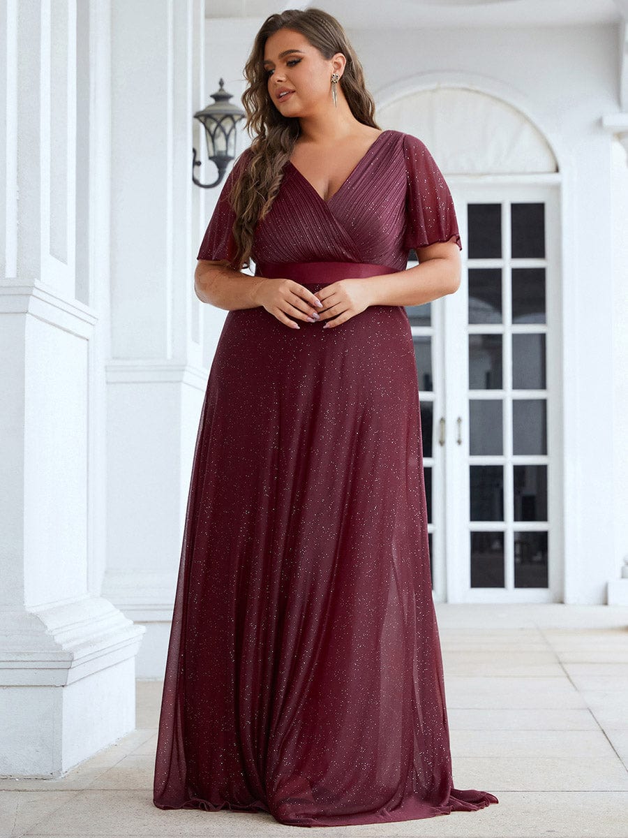 Plus Size Long Shimmery Pleated V-Neck Evening Dress with Flutter Sleeve