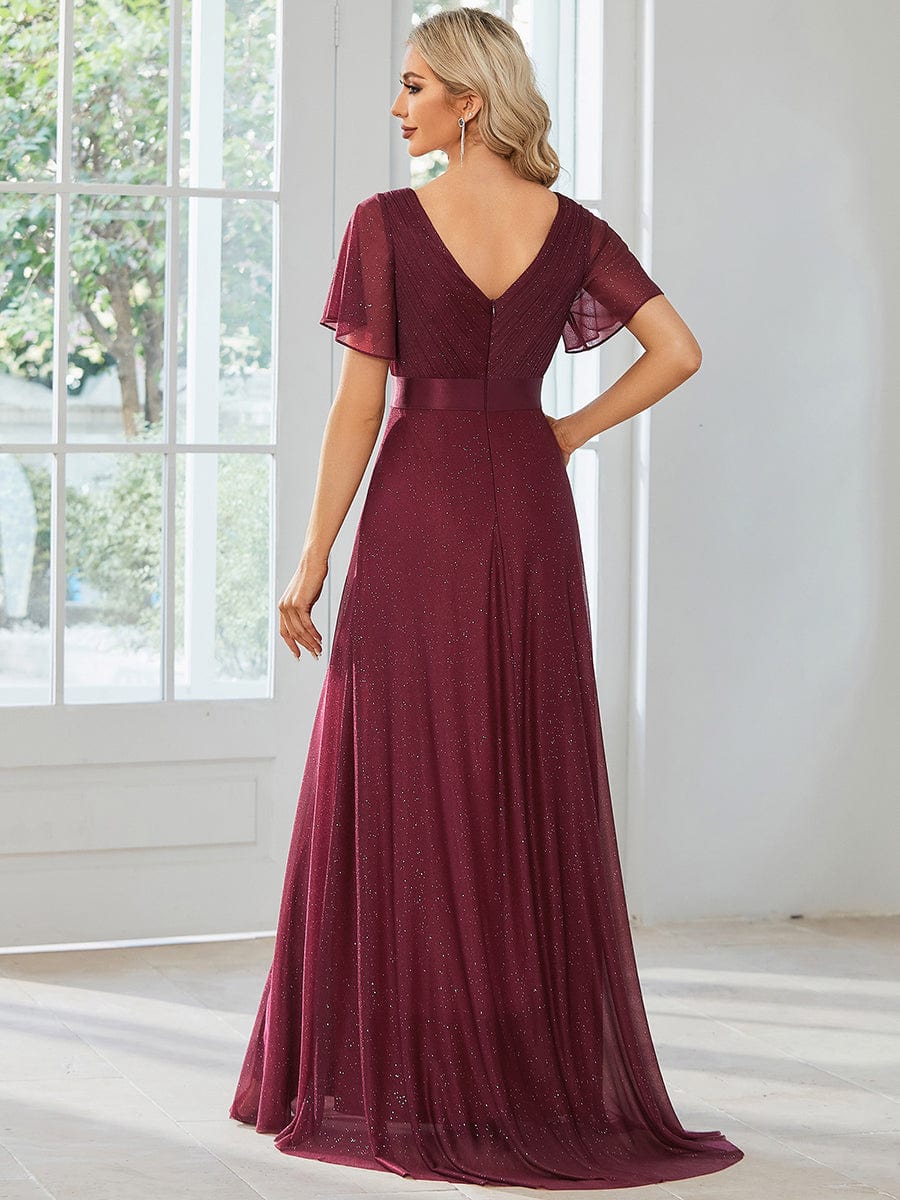 Long Shimmery Flutter Sleeve Pleated V-Neck Evening Dress