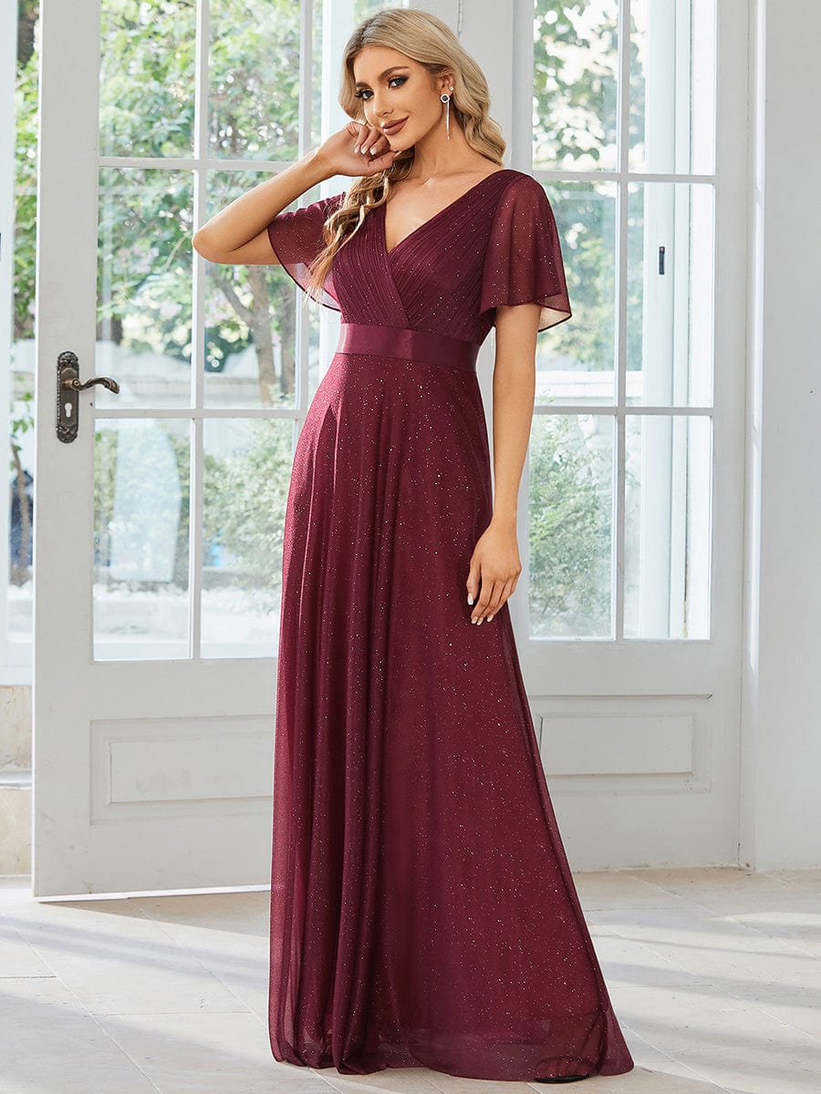 Long Shimmery Flutter Sleeve Pleated V-Neck Evening Dress