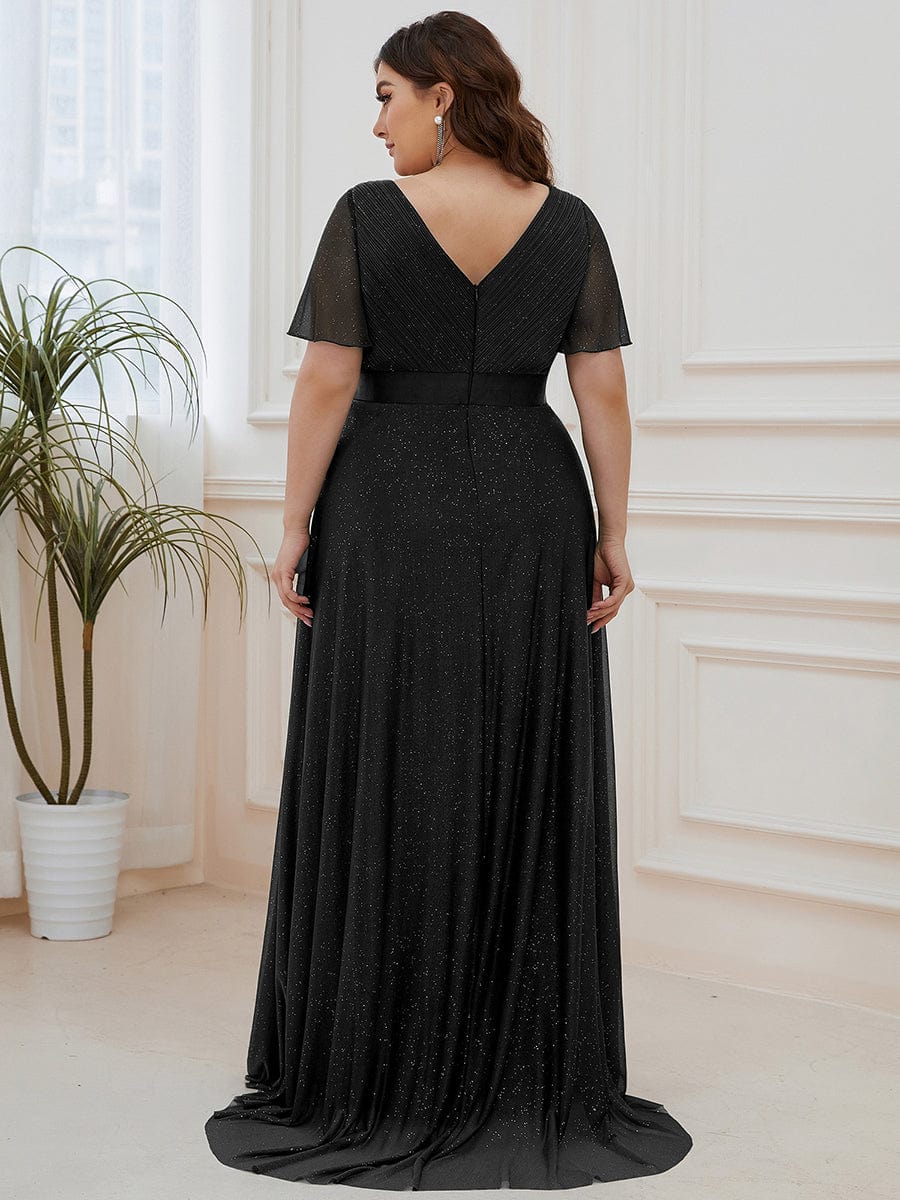 Long Shimmery Flutter Sleeve Pleated V-Neck Evening Dress