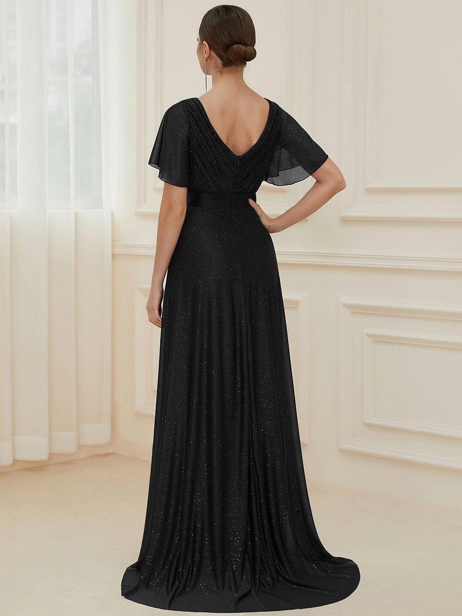 Long Shimmery Flutter Sleeve Pleated V-Neck Evening Dress