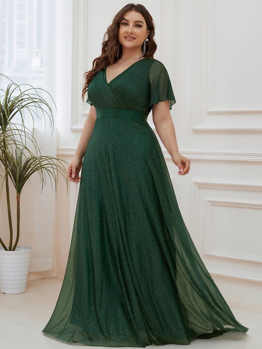 Plus Size Long Shimmery Pleated V-Neck Evening Dress with Flutter Sleeve