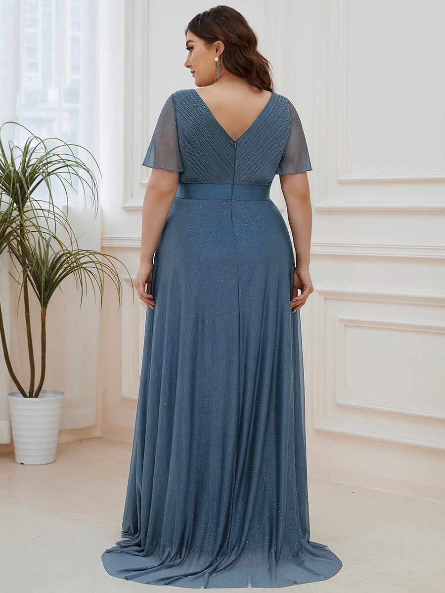 Long Shimmery Flutter Sleeve Pleated V-Neck Evening Dress