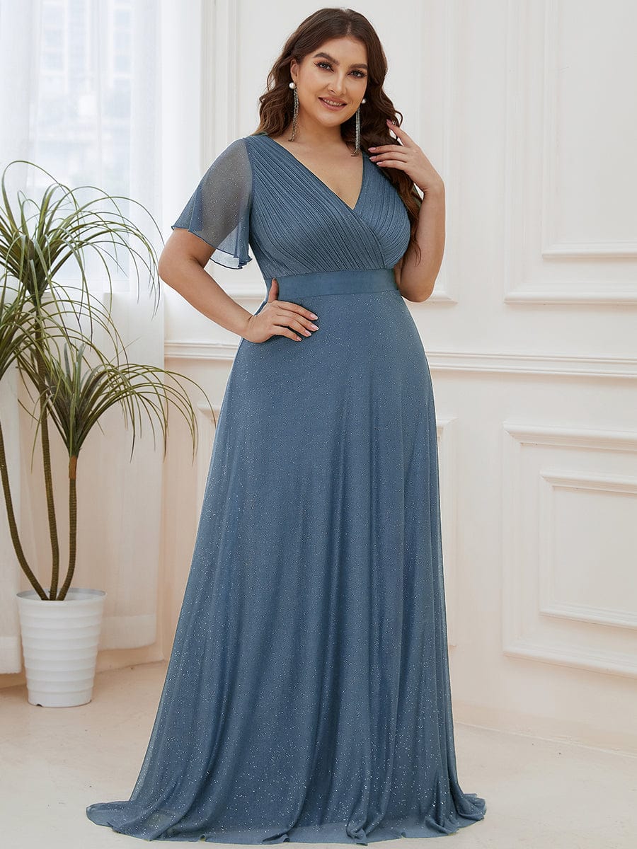 Long Shimmery Flutter Sleeve Pleated V-Neck Evening Dress