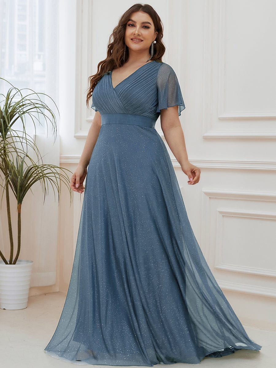 Plus Size Long Shimmery Pleated V-Neck Evening Dress with Flutter Sleeve