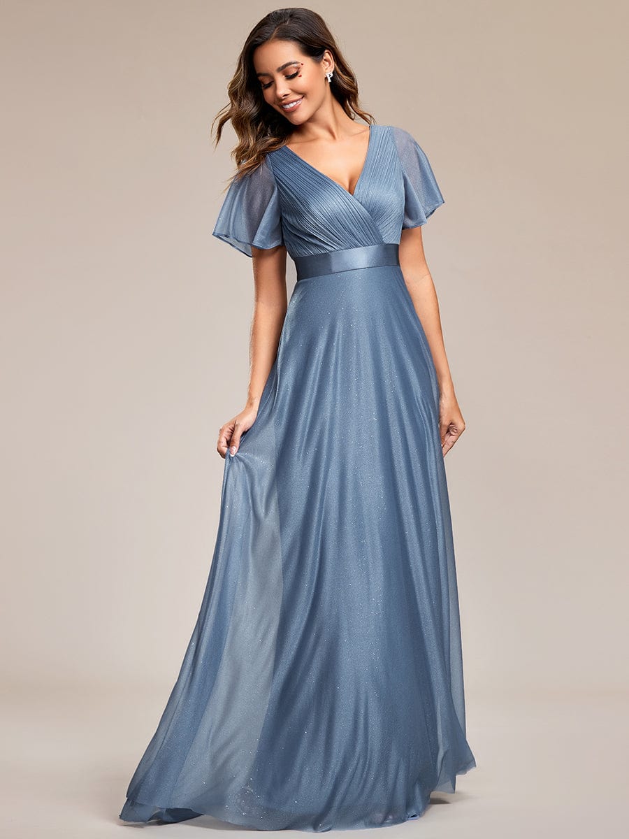 Long Shimmery Flutter Sleeve Pleated V-Neck Evening Dress