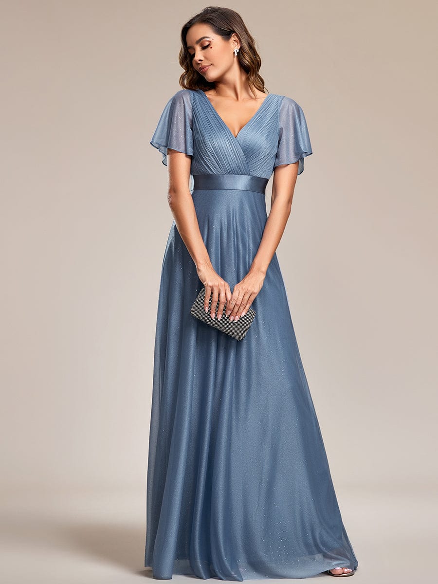 Long Shimmery Flutter Sleeve Pleated V-Neck Evening Dress