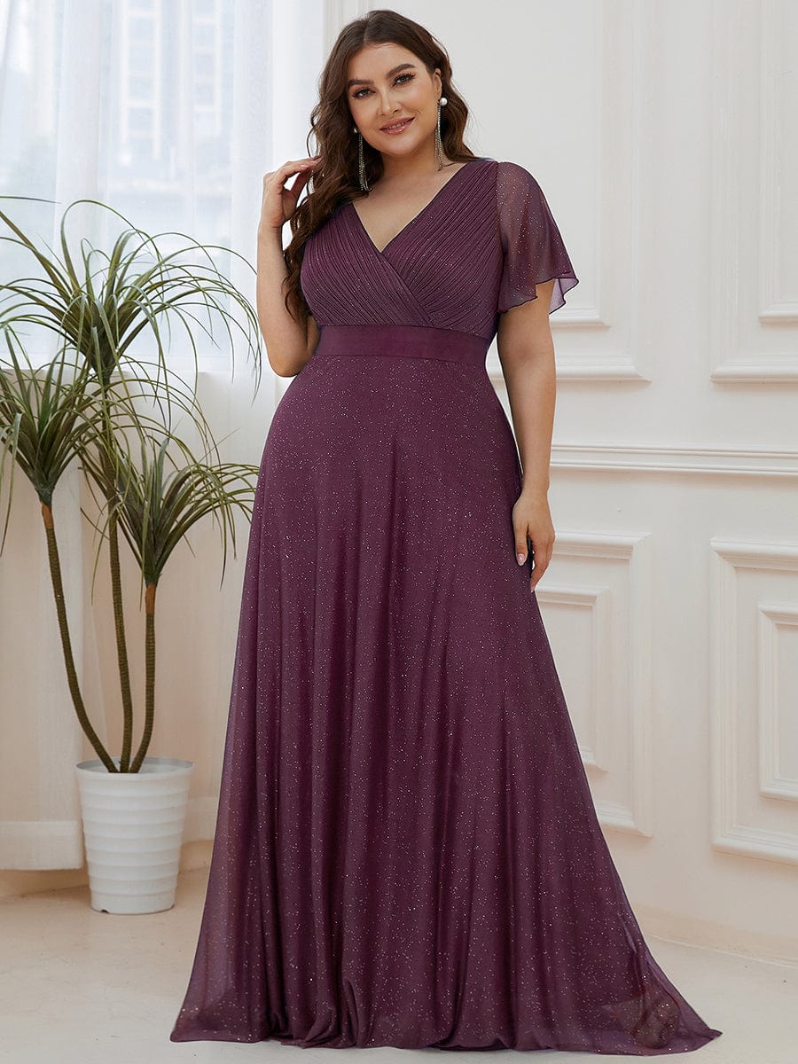 Long Shimmery Flutter Sleeve Pleated V-Neck Evening Dress