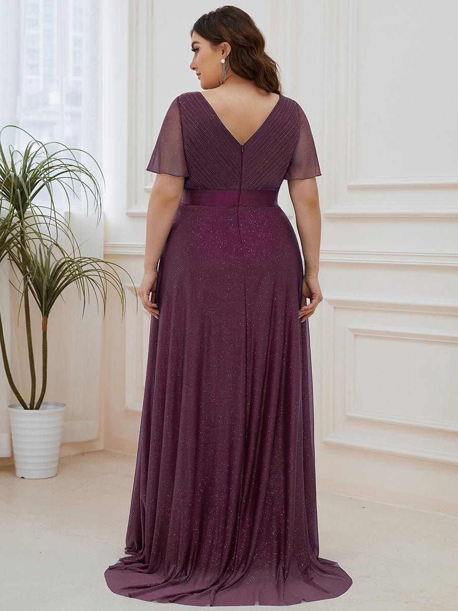 Plus Size Long Shimmery Pleated V-Neck Evening Dress with Flutter Sleeve