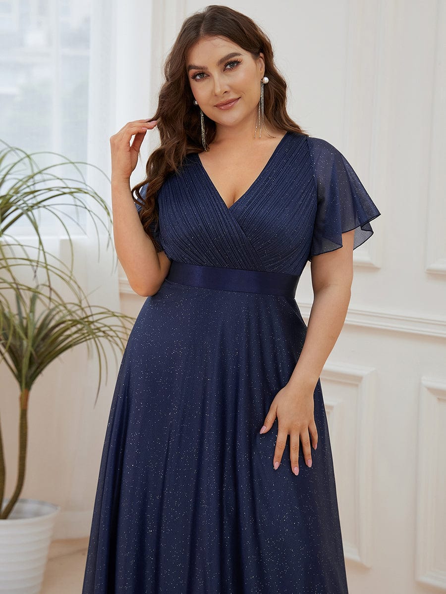 Plus Size Long Shimmery Pleated V-Neck Evening Dress with Flutter Sleeve