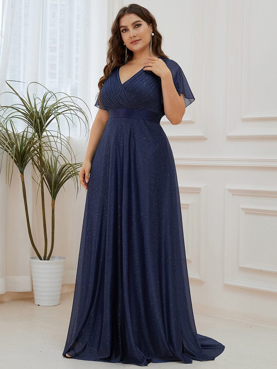 Long Shimmery Flutter Sleeve Pleated V-Neck Evening Dress