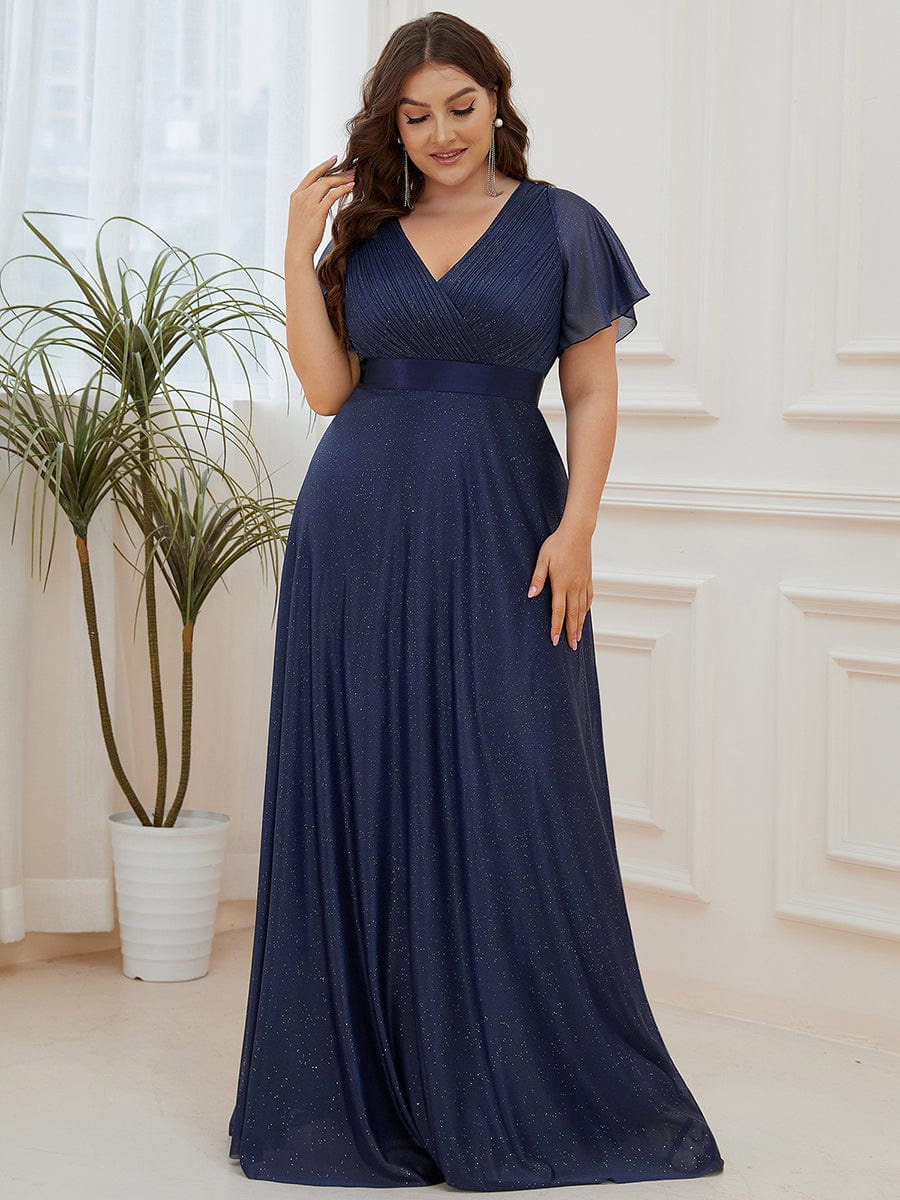 Plus Size Long Shimmery Pleated V-Neck Evening Dress with Flutter Sleeve