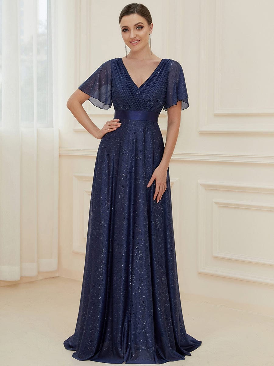 Long Shimmery Flutter Sleeve Pleated V-Neck Evening Dress