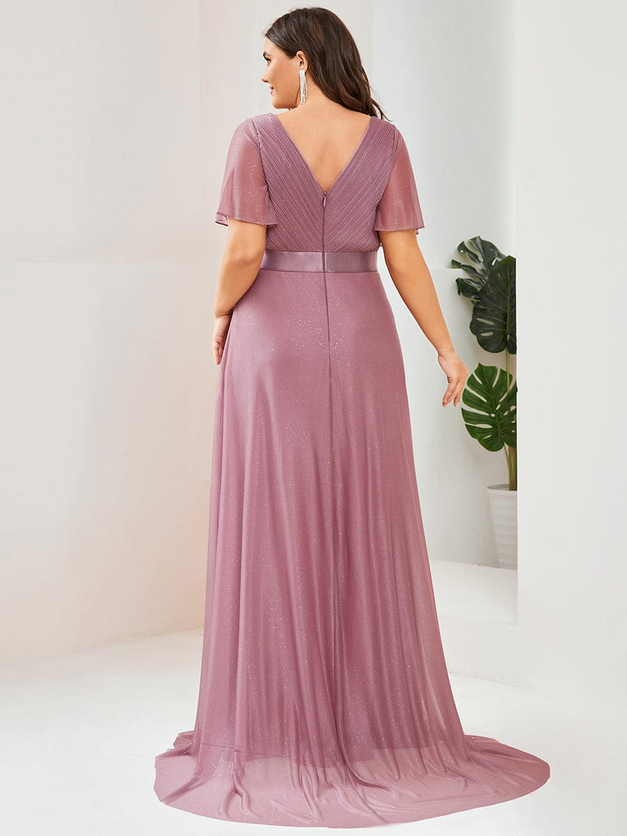 Long Shimmery Flutter Sleeve Pleated V-Neck Evening Dress