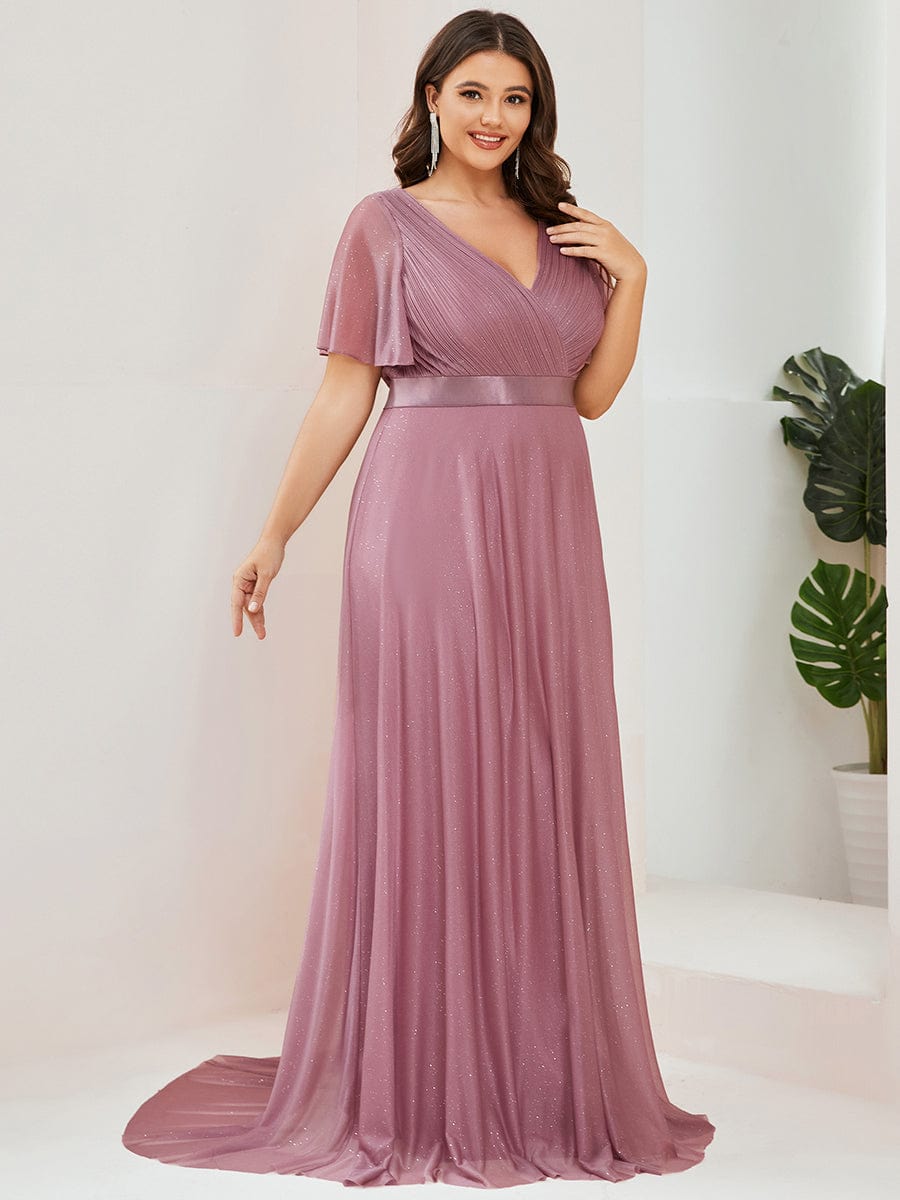 Plus Size Long Shimmery Pleated V-Neck Evening Dress with Flutter Sleeve