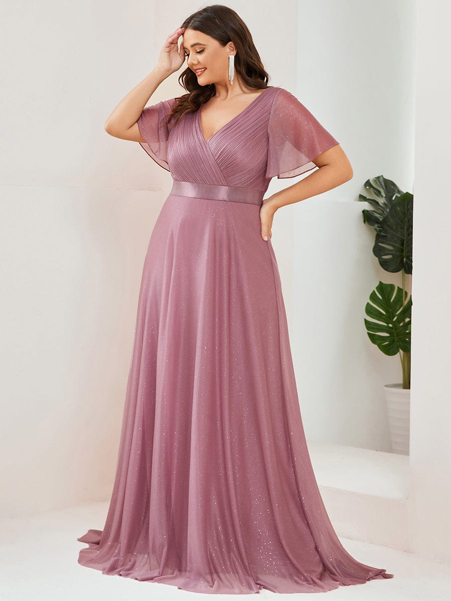 Plus Size Long Shimmery Pleated V-Neck Evening Dress with Flutter Sleeve