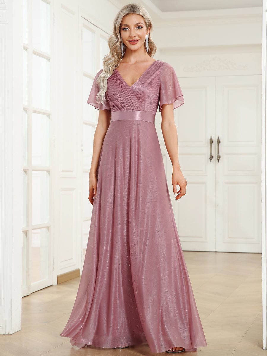 Long Shimmery Flutter Sleeve Pleated V-Neck Evening Dress