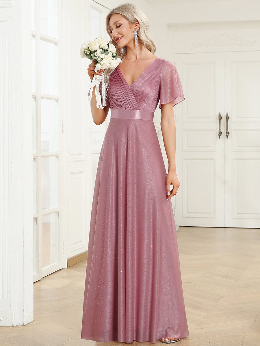 Long Shimmery Flutter Sleeve Pleated V-Neck Evening Dress